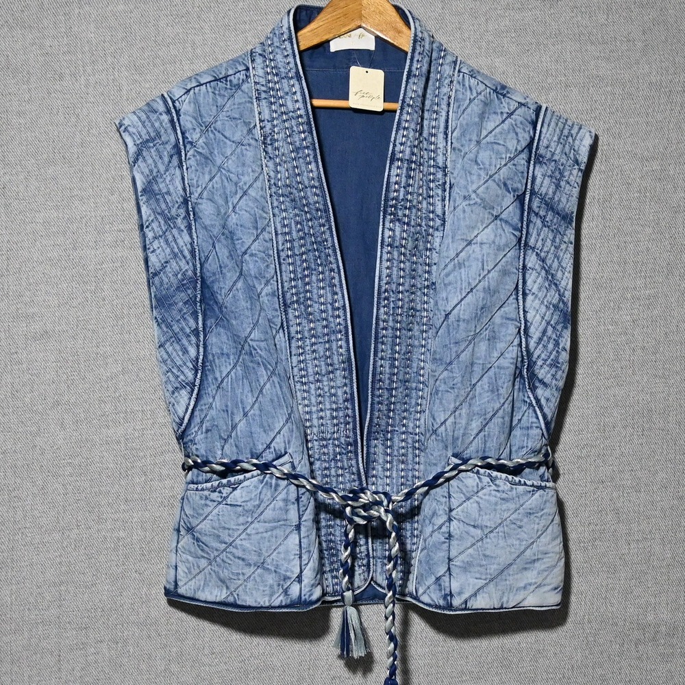 Free People Llani Quilted Denim Vest Women XL Blue Acid Wash India XL Blue